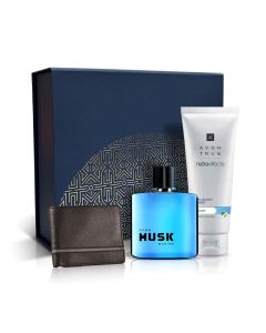 Ultimate Grooming and Gifting Bundle: Hydra Boost Cleanser, Musk Marine EDC, Men's Wallet  with  Avon Blue Gift Box 
